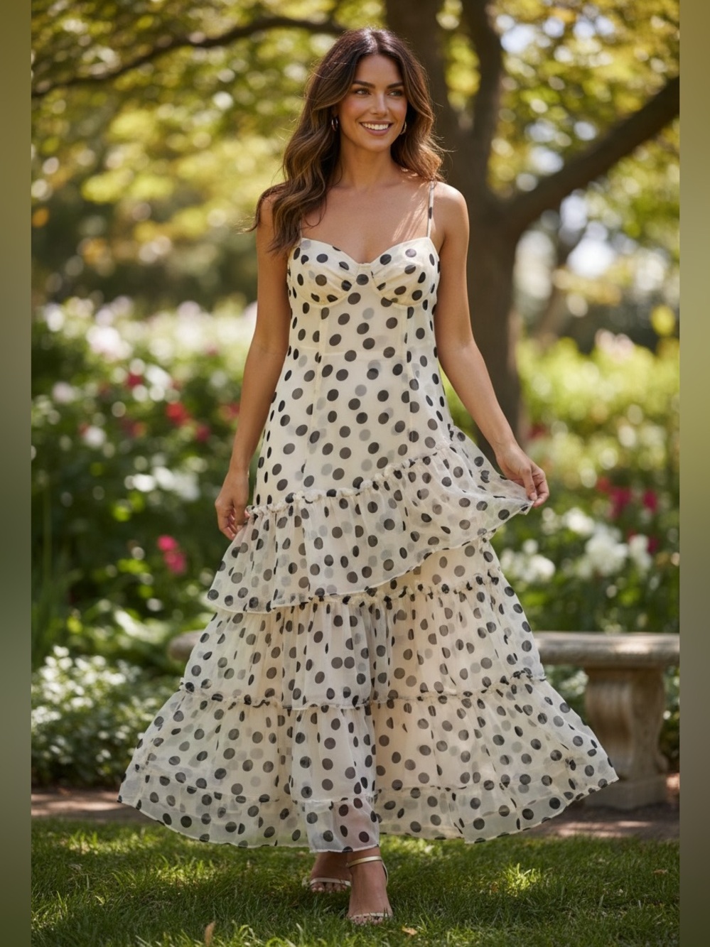 ANEWSTA Cream Polka Dot Flowy Tiered Ruffle Maxi Dress Size L Romantic